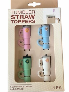 Tumbler Straw Toppers 4-Pack - Pink, Blue, Green, White
